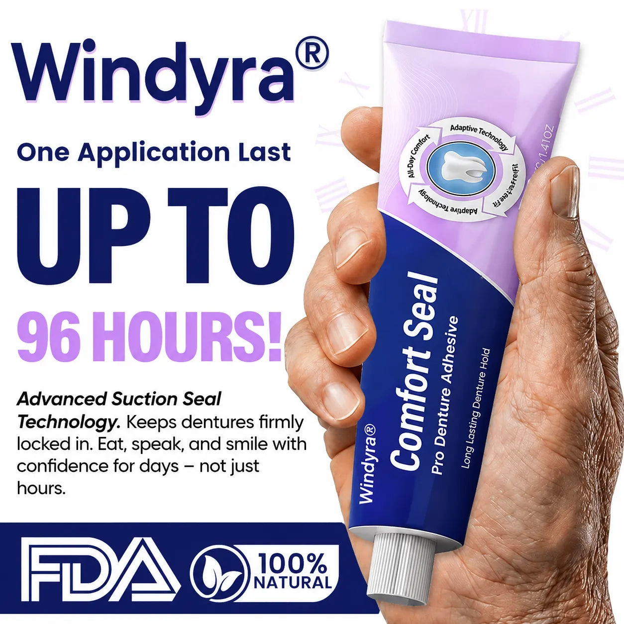 🔥 LIMITED SPECIAL OFFER 🔥 Windyra® Comfort Seal Pro Denture Adhesive🦷💜FDA Certified (Clinically Proven 96-   Hour Lock Hold for   Secure, Comfortable &   Zinc-Free Denture Fit)