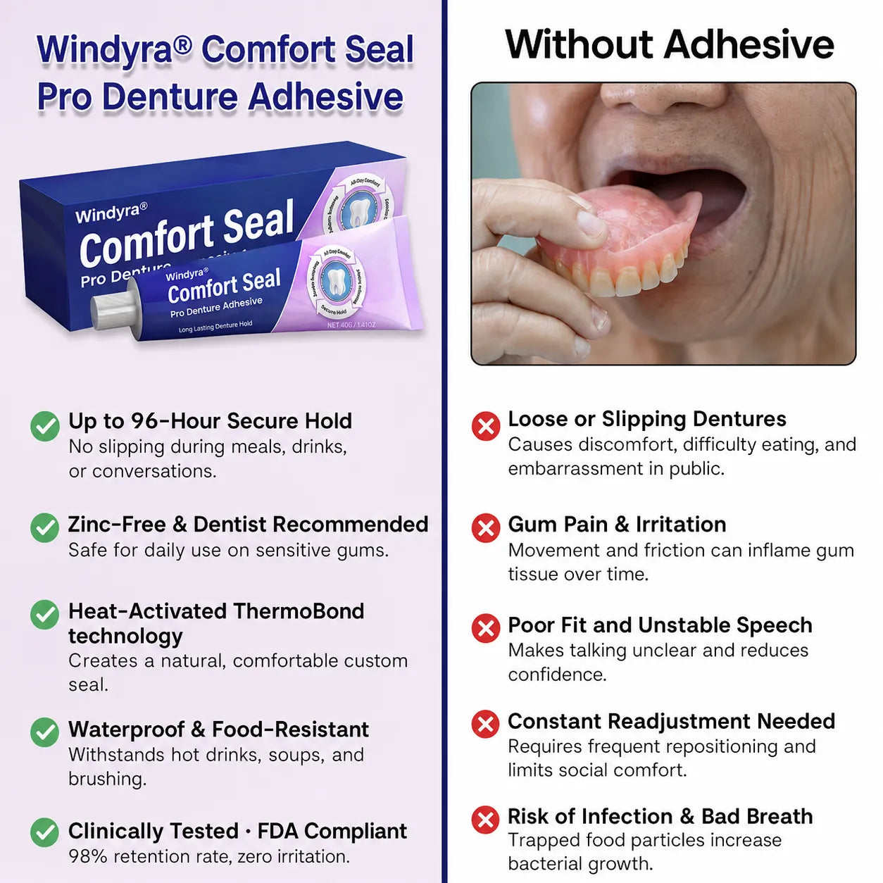 🔥 LIMITED SPECIAL OFFER 🔥 Windyra® Comfort Seal Pro Denture Adhesive🦷💜FDA Certified (Clinically Proven 96-   Hour Lock Hold for   Secure, Comfortable &   Zinc-Free Denture Fit)